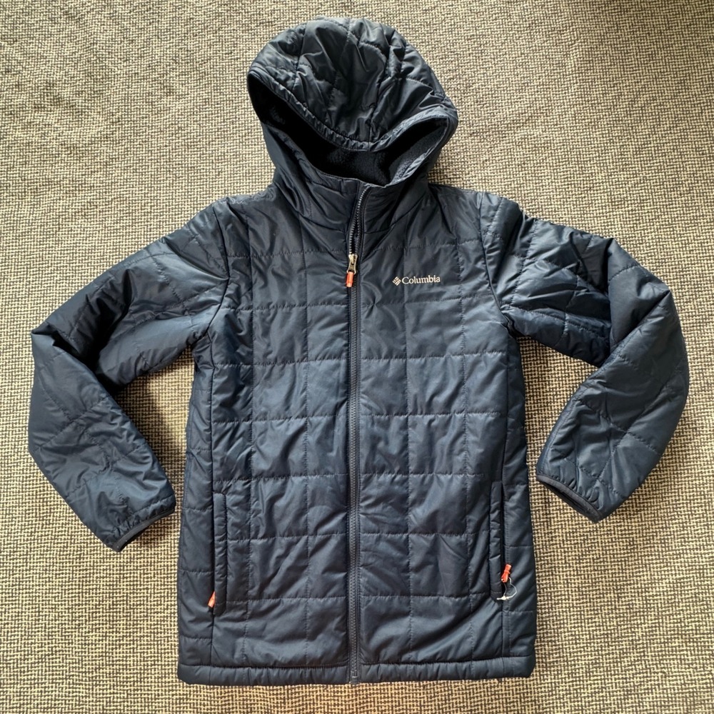Columbia Navy Blue Hooded Puffer Jacket Fleece Lined Quilted Size L 14/16 Womens